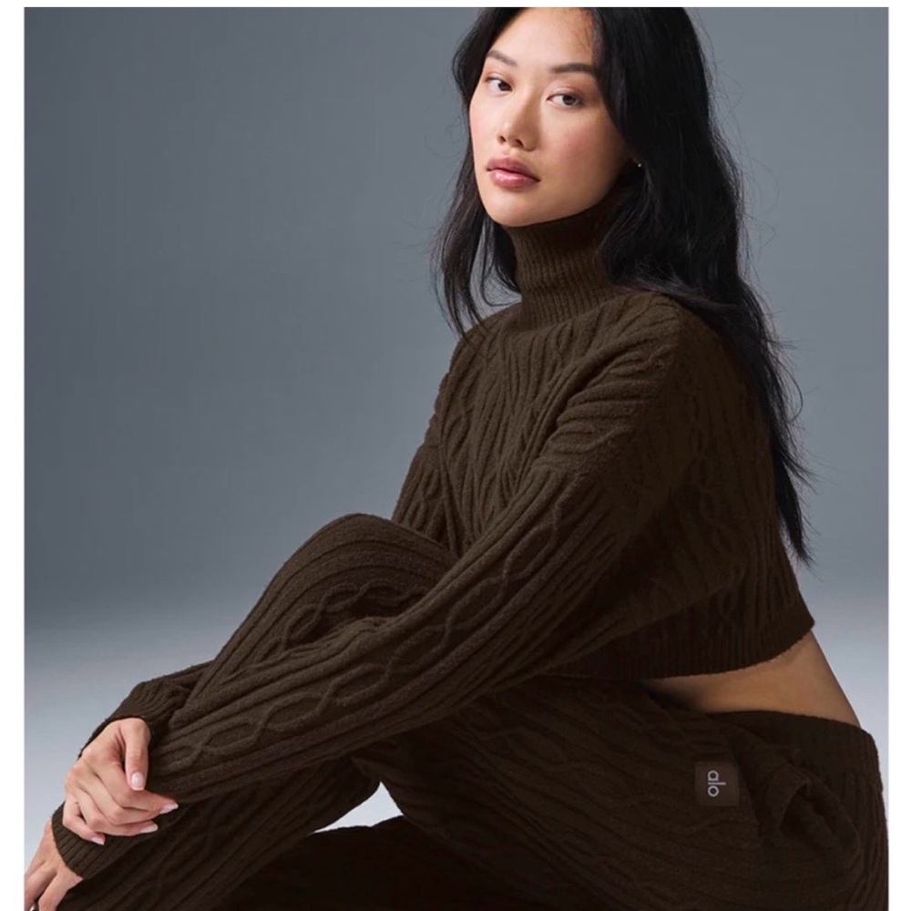 ALO Yoga Dark Brown Cable Knit Turtleneck Sweater SET (pants + top)
